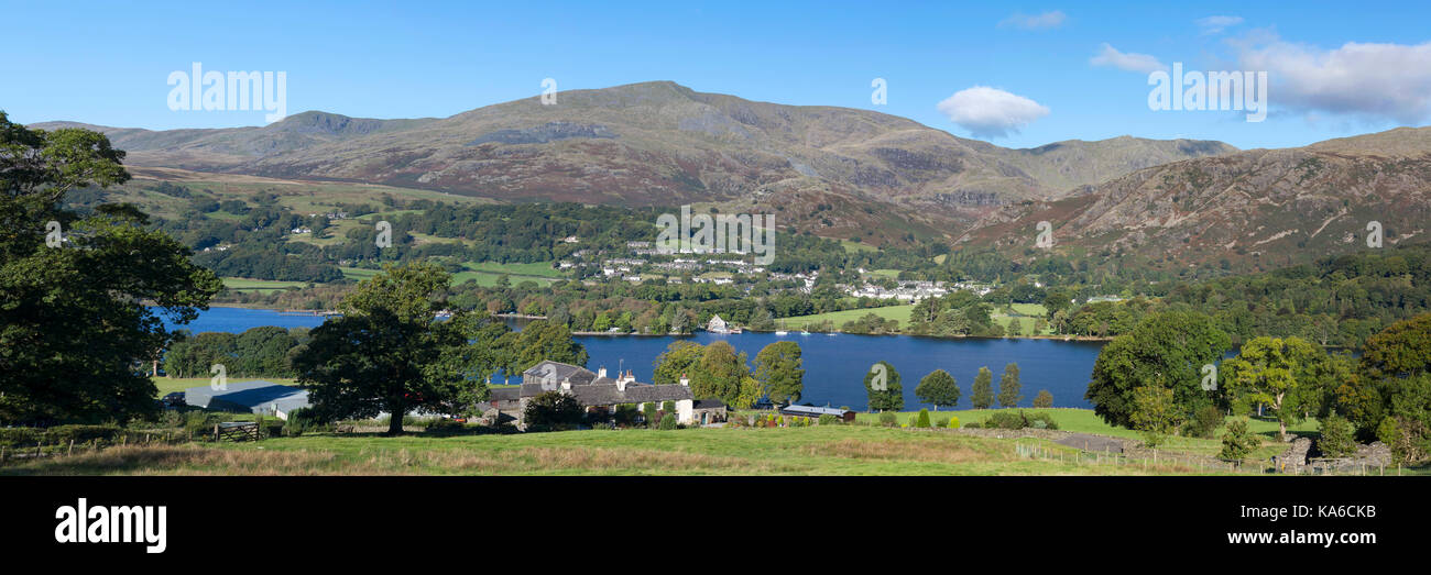 Coniston and Coniston Water with Coniston Old man in background Cumbria Lake District Stock Photo