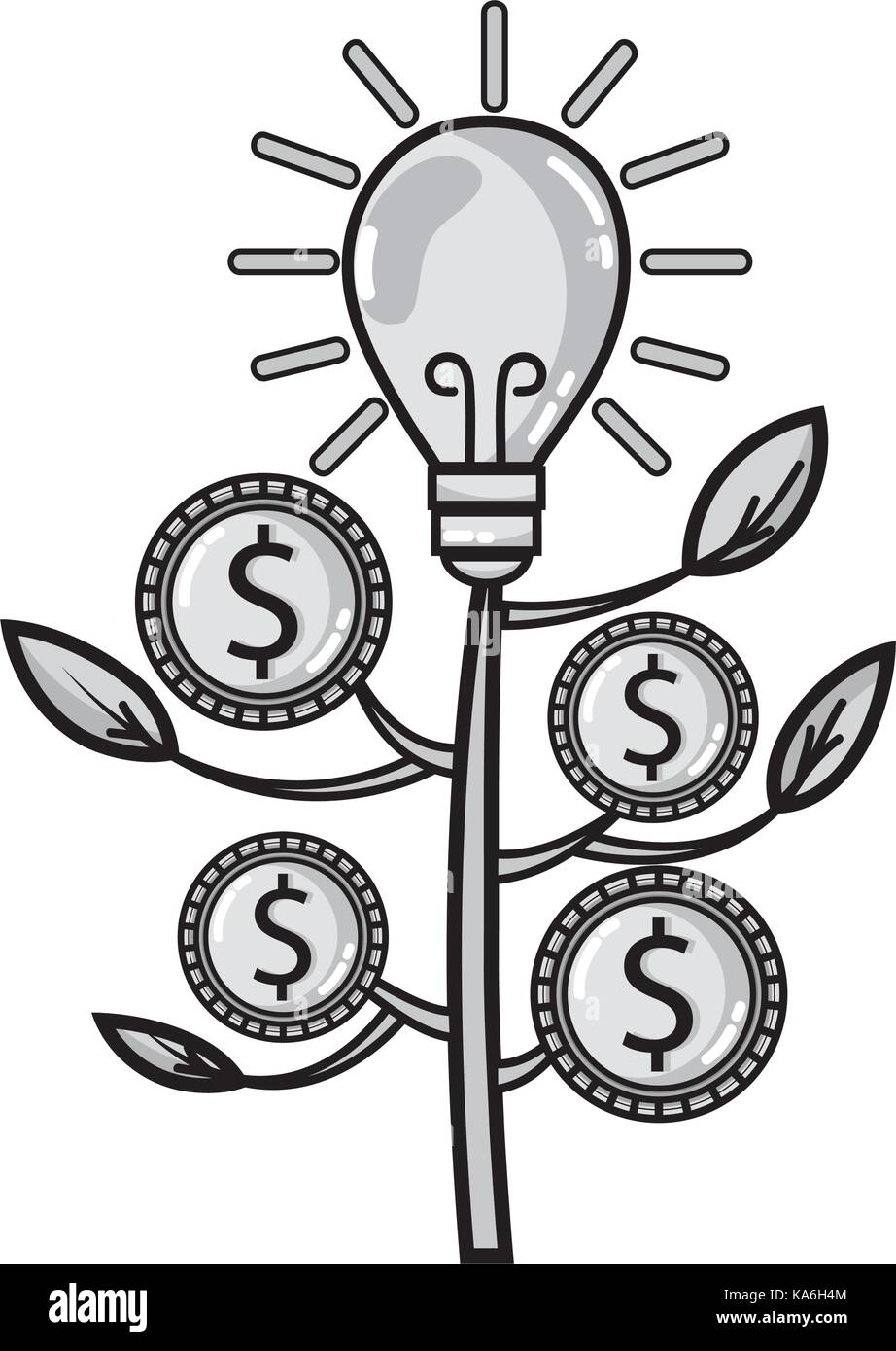 grayscale bulb plant with leaves and coins cash money Stock Vector ...