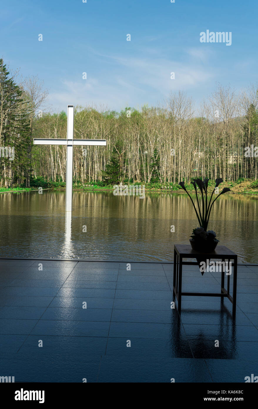 Chapel on the water, designed by japanese architect Tadao Ando, in Tomamu, Hokkaido, Japan Stock Photo