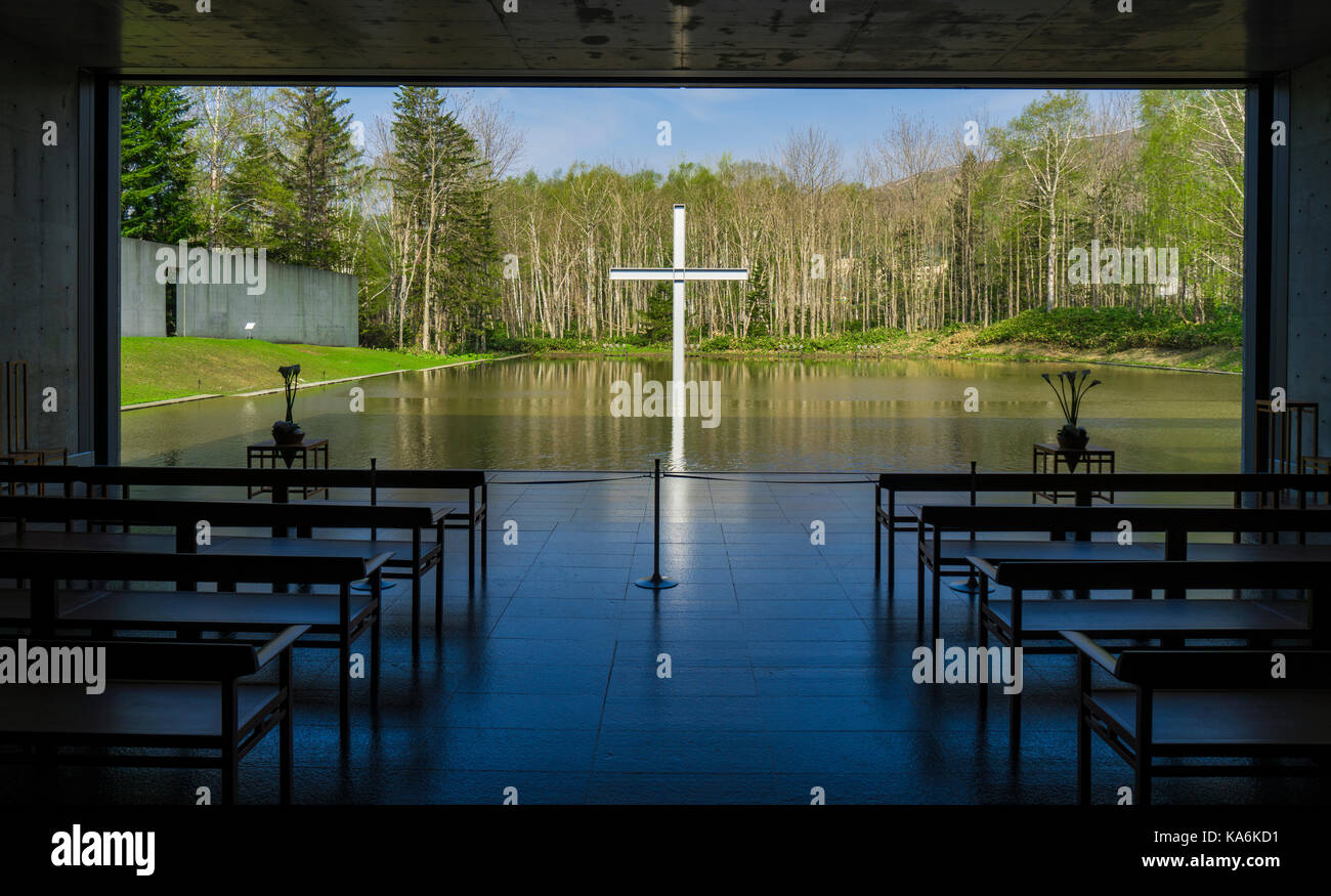 Chapel on the water, designed by japanese architect Tadao Ando, in Tomamu, Hokkaido, Japan Stock Photo