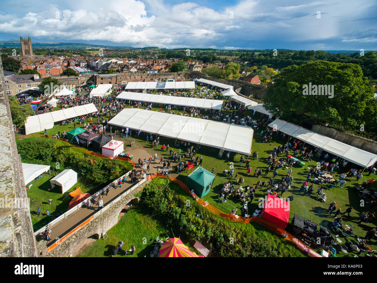 The 2017 Ludlow Food Festival seen from the Great Tower of Ludlow Castle, Shropshire. Stock Photo
