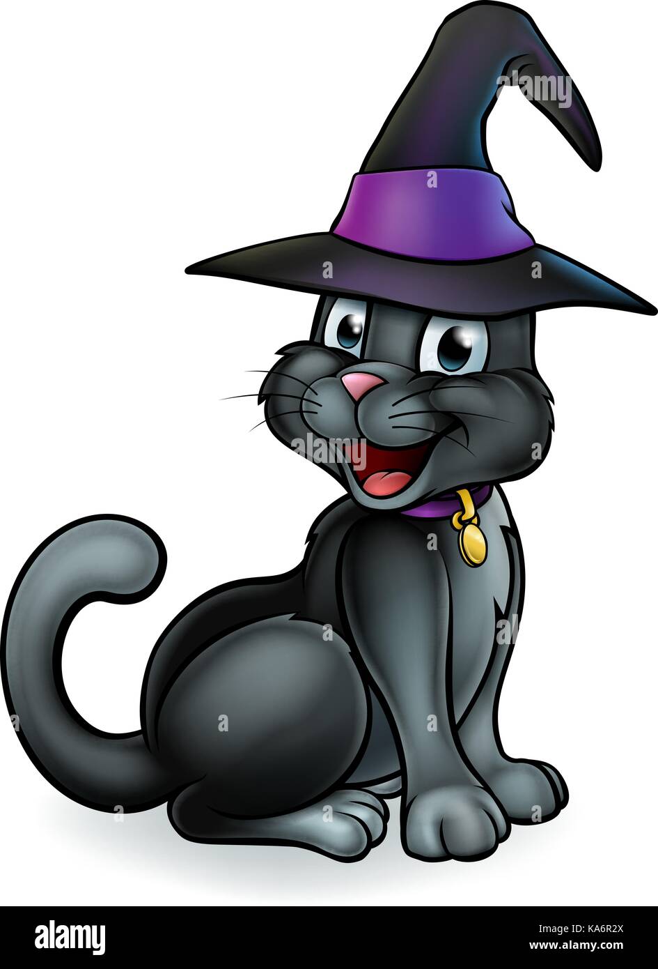 Black Witches Cat Cartoon Character in Hat Stock Vector