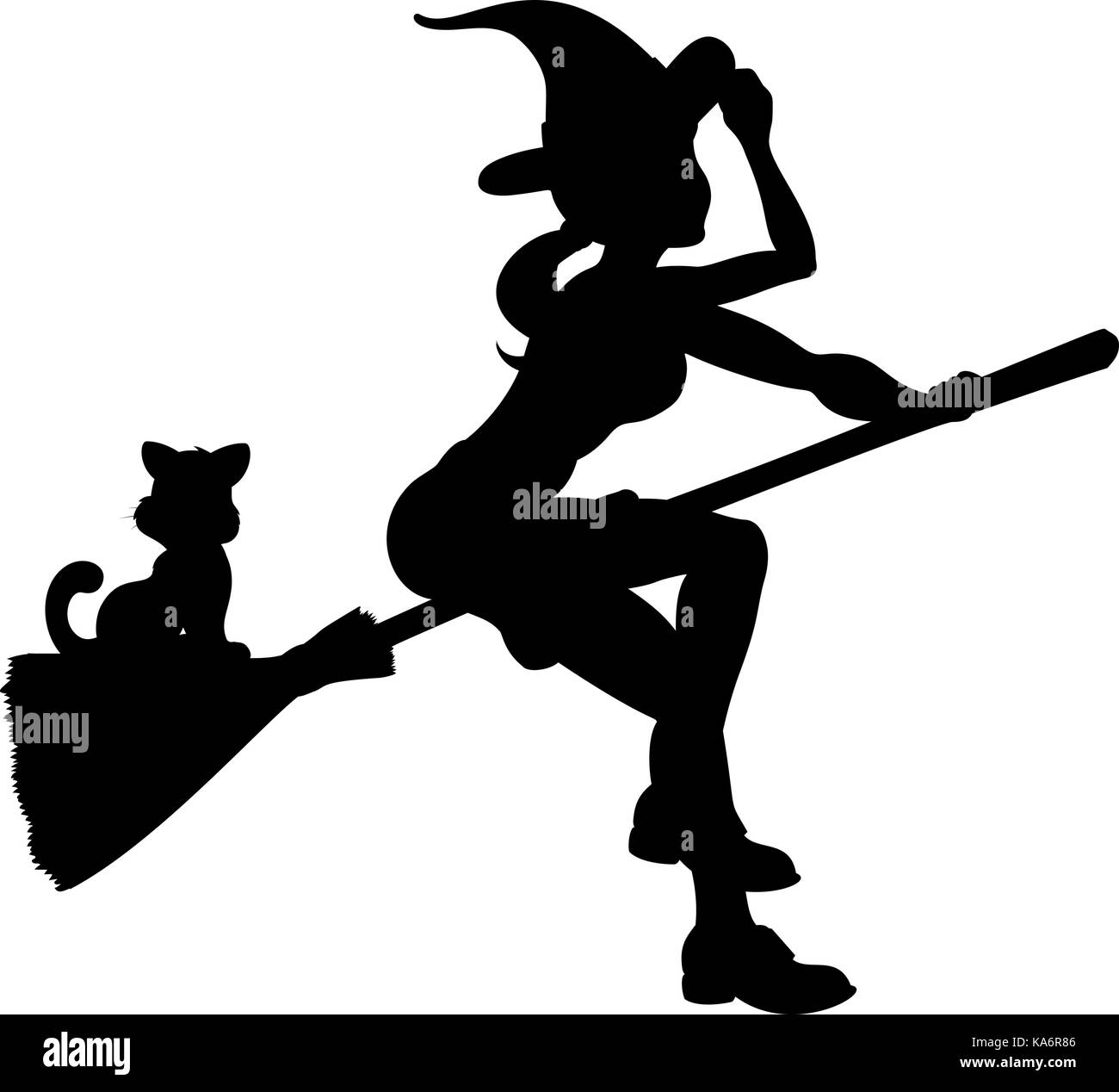 Silhouette Halloween Witch Flying On Broomstick Stock Vector