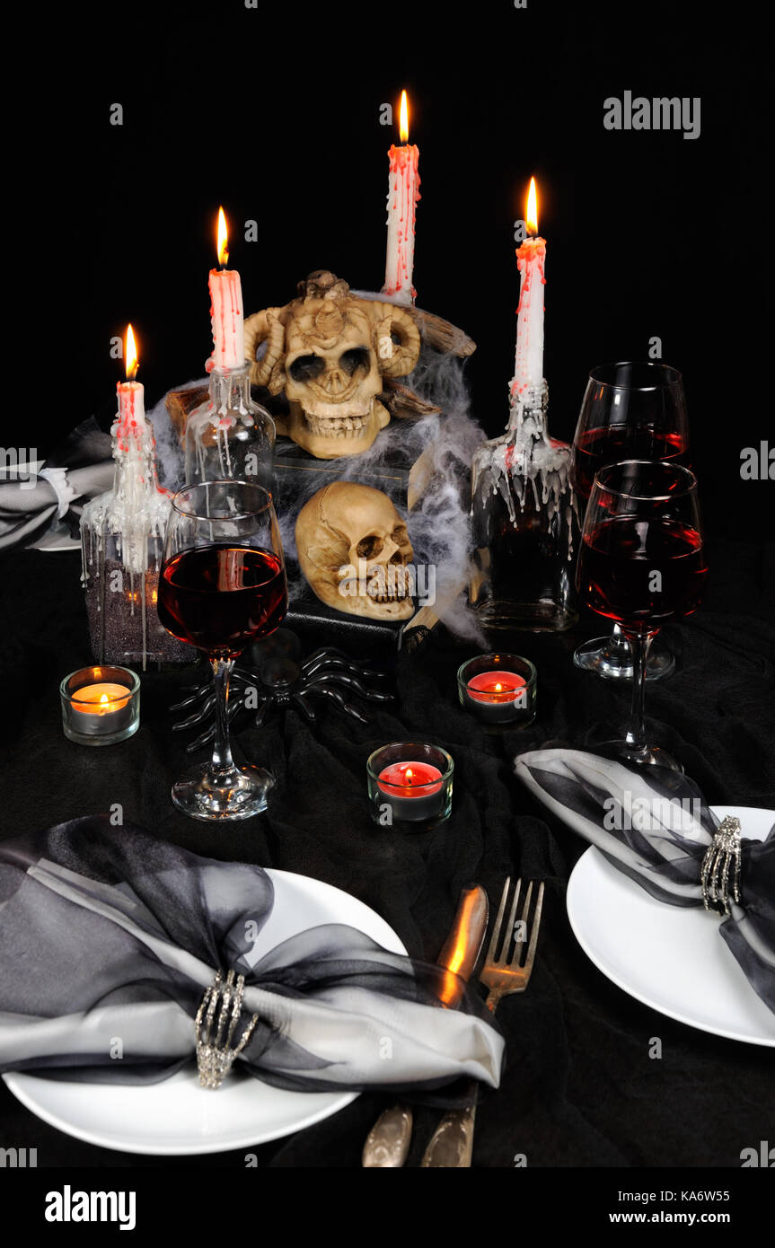 The idea of creating an entourage of table decor setting for Halloween Stock Photo