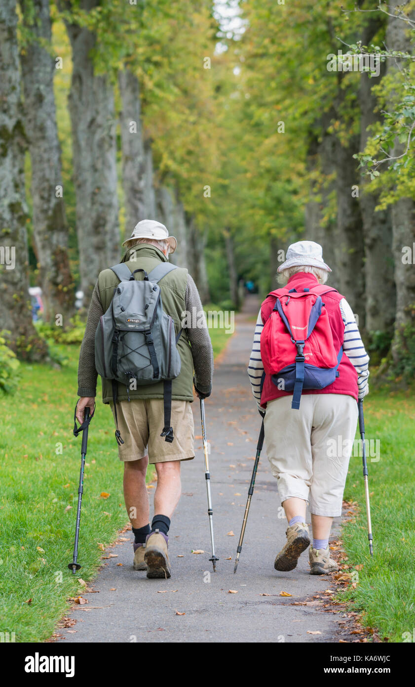 Elderly couple walking along a path between trees using walking canes / sticks in the UK. Stock Photo