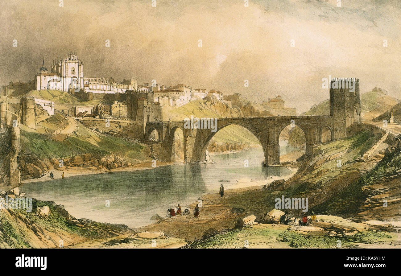 Nicolas Chapuy (1790-1858). French lithographer, specialized in the design of monuments. Alcantara bridge on the Tagus river. Toledo. Spain. Color litography, 1844. Stock Photo