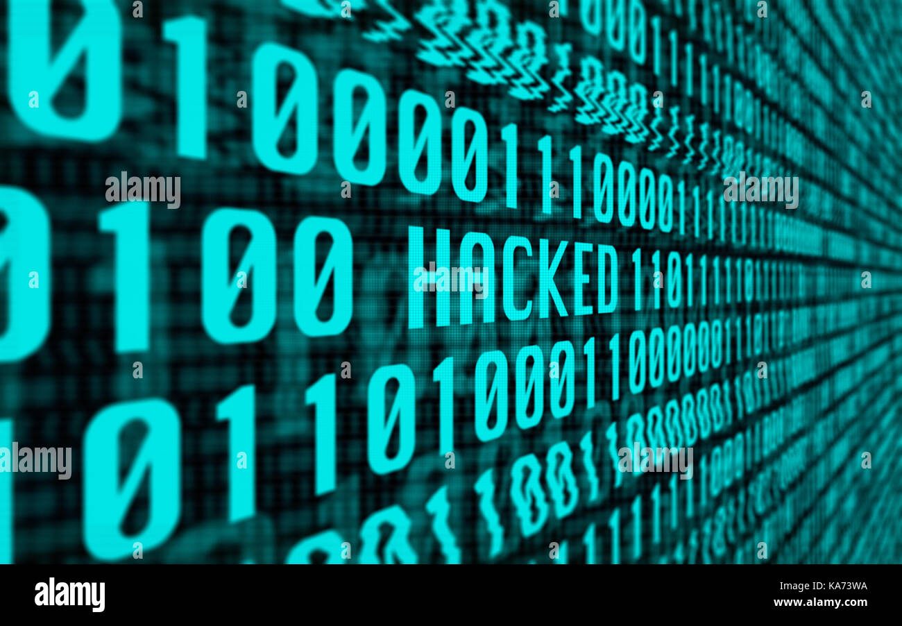 Concept With a Screen Full of Binary Computer Data Glitching into the Word 'Hacked' Stock Photo