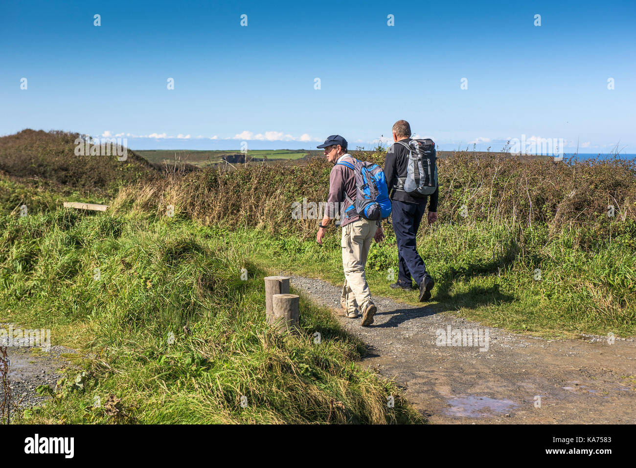 Cornwall two walkers on the South West Coast Path running though