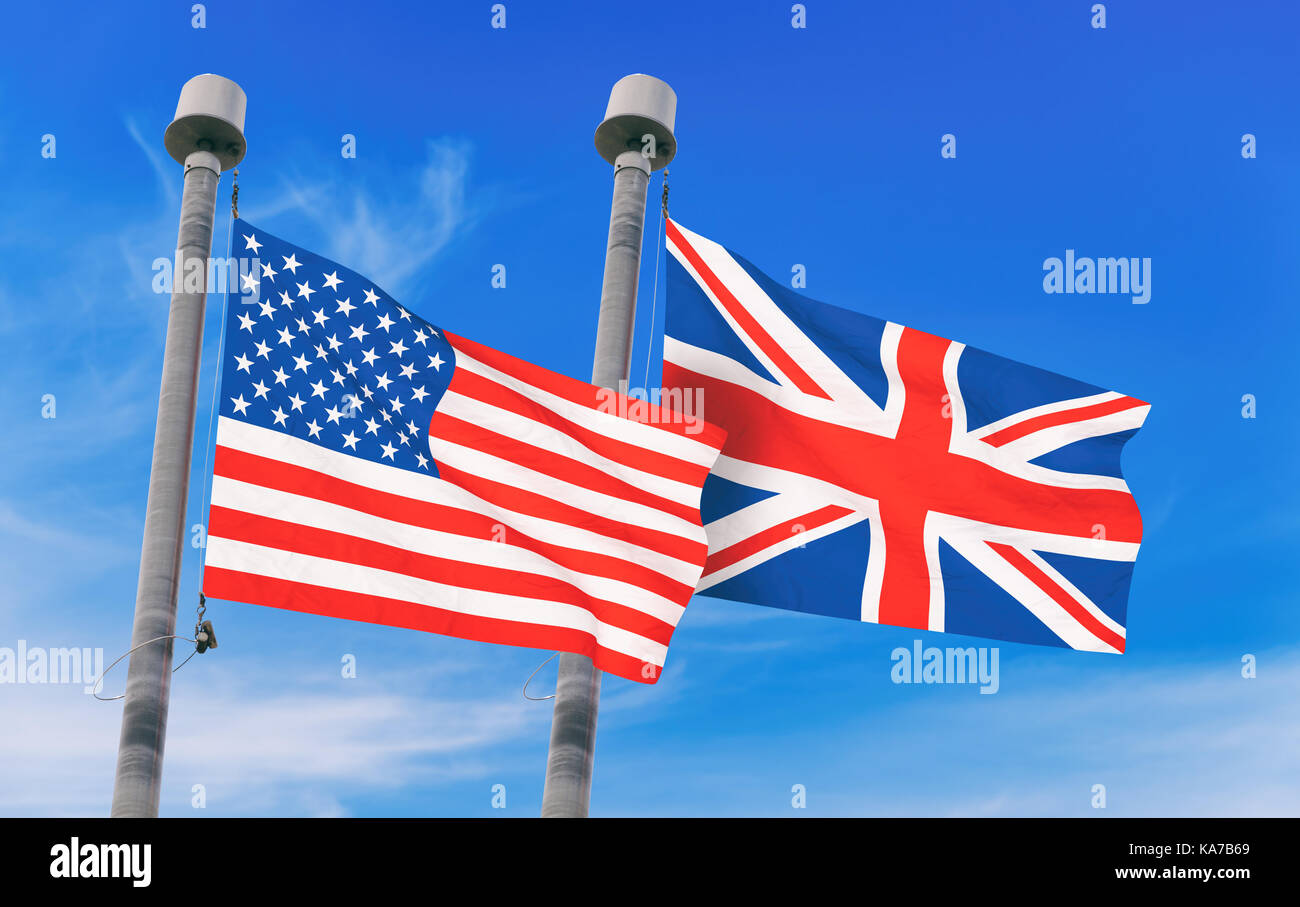 United Kingdom and USA flags over blue sky background (3D rendered illustration) Stock Photo