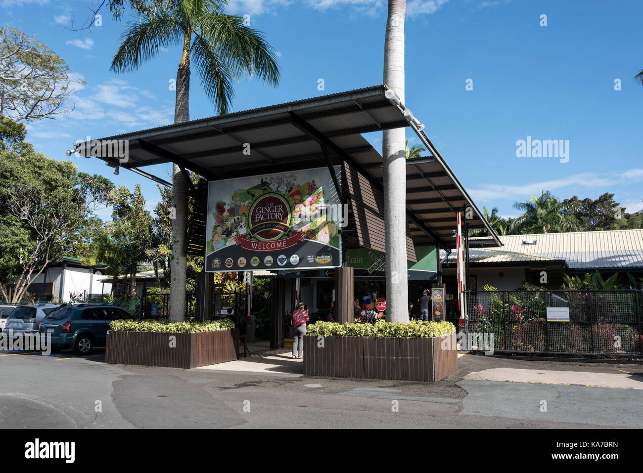 Main entrance to the Ginger producing factory and family theme park at  Pioneer Road in Yandina on the Sunshine Coast in Queensland, Australia. Stock Photo