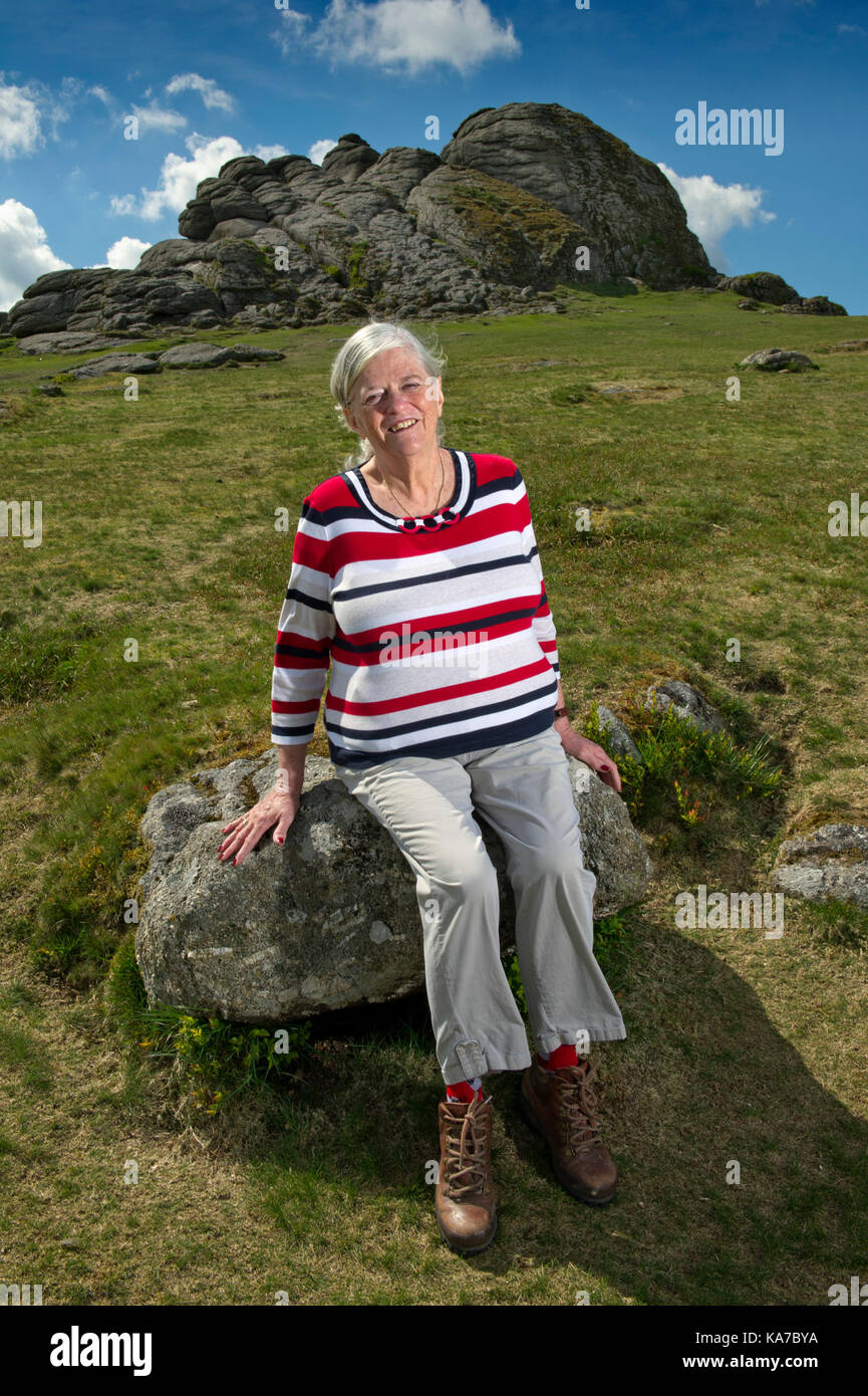 Ann Widdecombe, at her home in Haytor and on Haytor Rocks, Dartmoor, Devonshire, UK Stock Photo