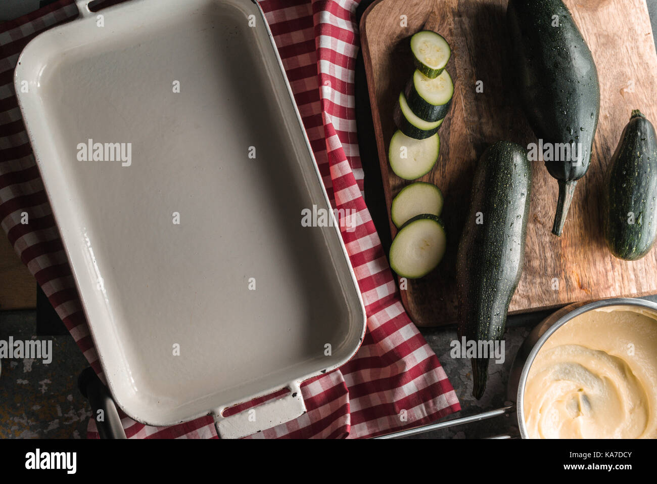 Form for baking, zucchini, cheese sauce mornay horizontal Stock Photo