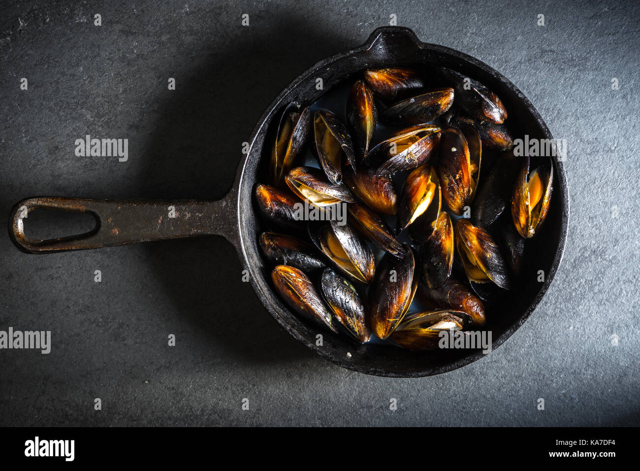 Mussels on a castiron frying pan on a gray background horizontal Stock
