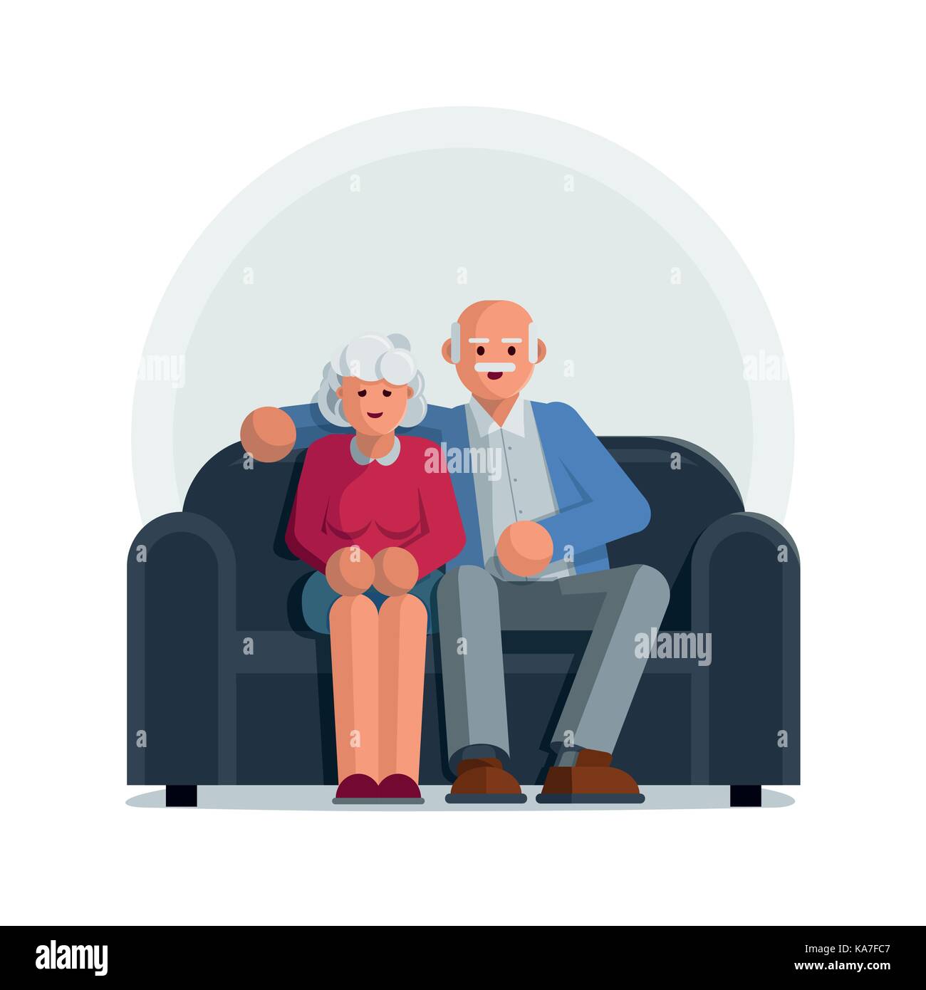 Happy elderly couple sitting on a sofa together. Vector character illustration. Stock Vector