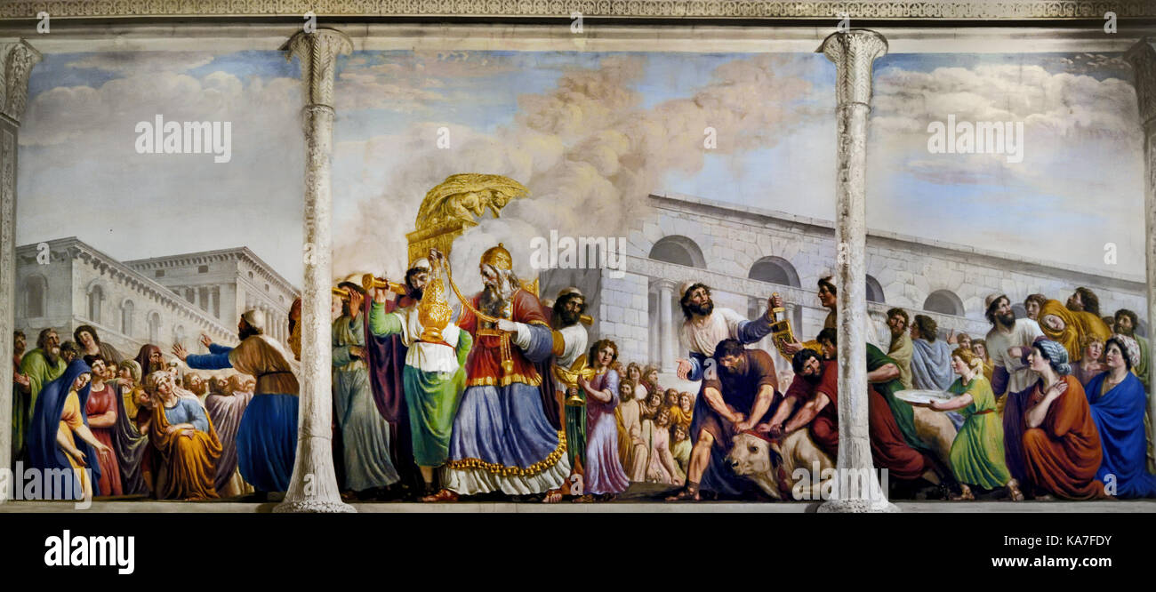 David accompanies the transportation of the Ark of Covenant Room of the Ark Pitti Palace Florence Italy by  Giovanni Battista Caracciolo (Battistello) 1578–1635  17th century . In 1816, the ceiling was frescoed by Luigi Ademollo  1764 –  1849  with Noah entering Jerusalem with the Ark. (The Ark of the Covenant -  Ark of the Testimony )  is a gold-covered wooden chest with lid cover described in the Book of Exodus as containing the two stone tablets of the Ten Commandments. Stock Photo