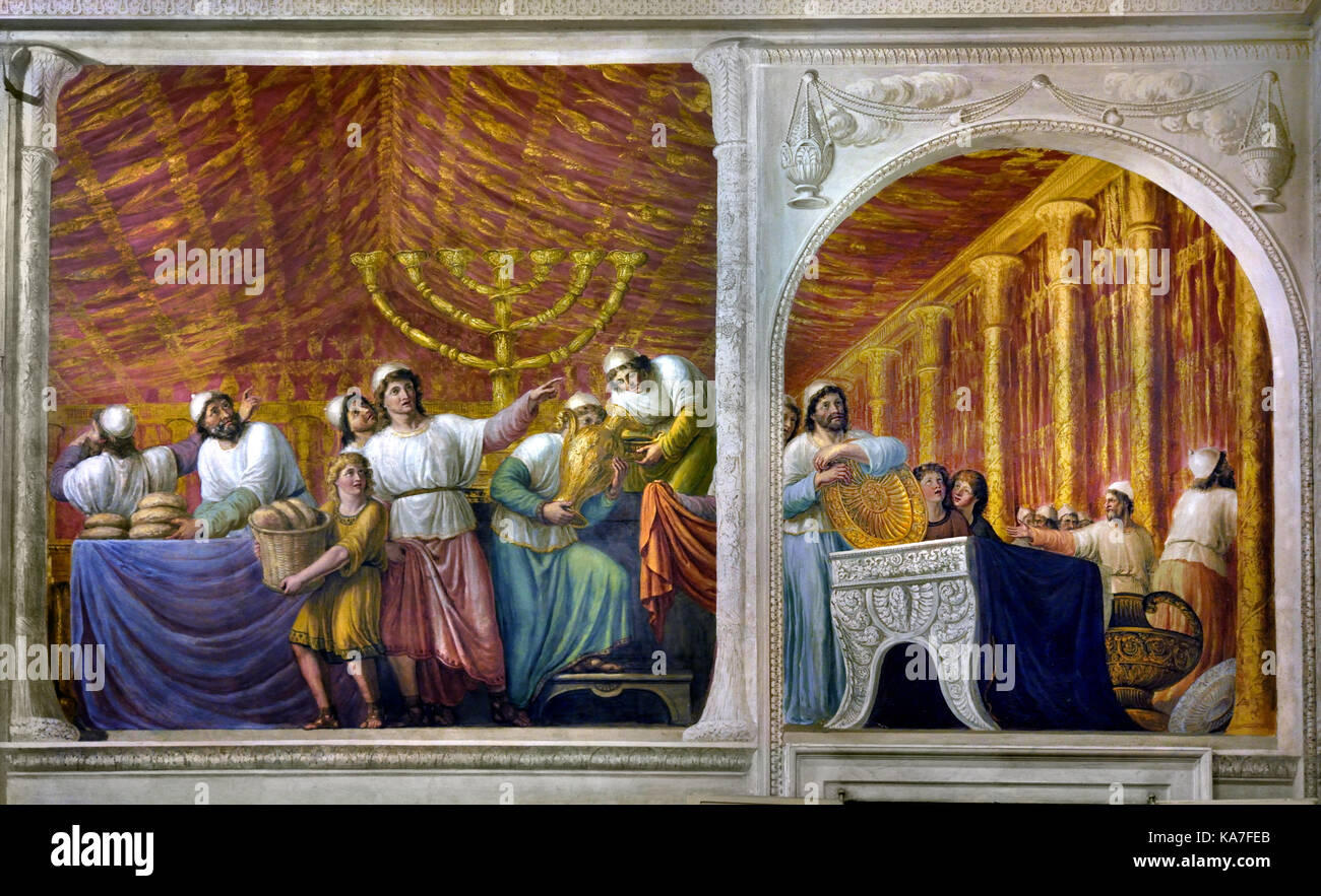 The Menorah in the Room of the Ark Pitti Palace Florence Italy by  Giovanni Battista Caracciolo (Battistello) 1578–1635  17th century . In 1816, the ceiling was frescoed by Luigi Ademollo  1764 –  1849  with Noah entering Jerusalem with the Ark. (The Ark of the Covenant -  Ark of the Testimony )  is a gold-covered wooden chest with lid cover described in the Book of Exodus as containing the two stone tablets of the Ten Commandments. Stock Photo