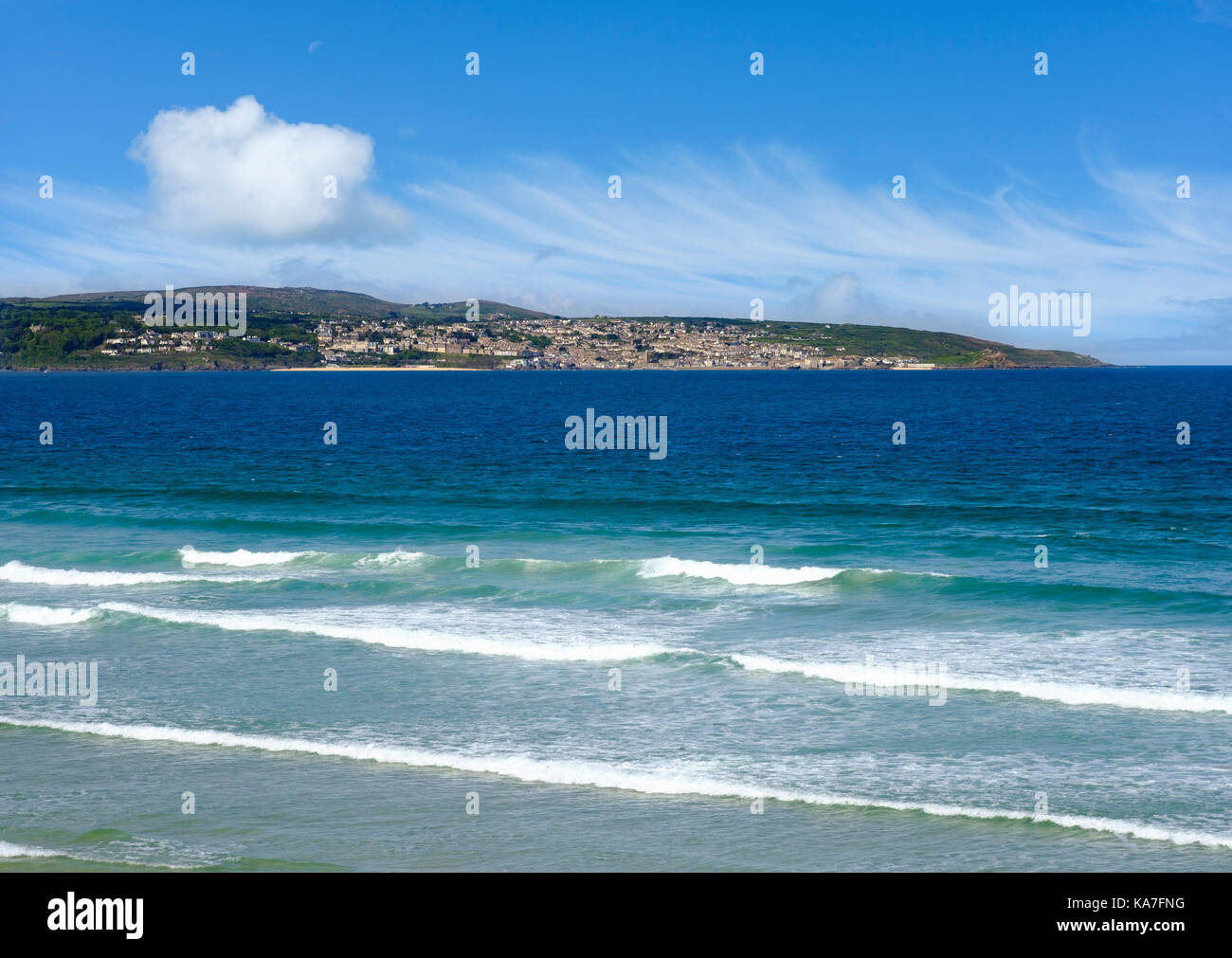 Gwithian Beach, near Gwithian, view of St. Ives, St Ives Bay, Cornwall, England, Great Britain Stock Photo