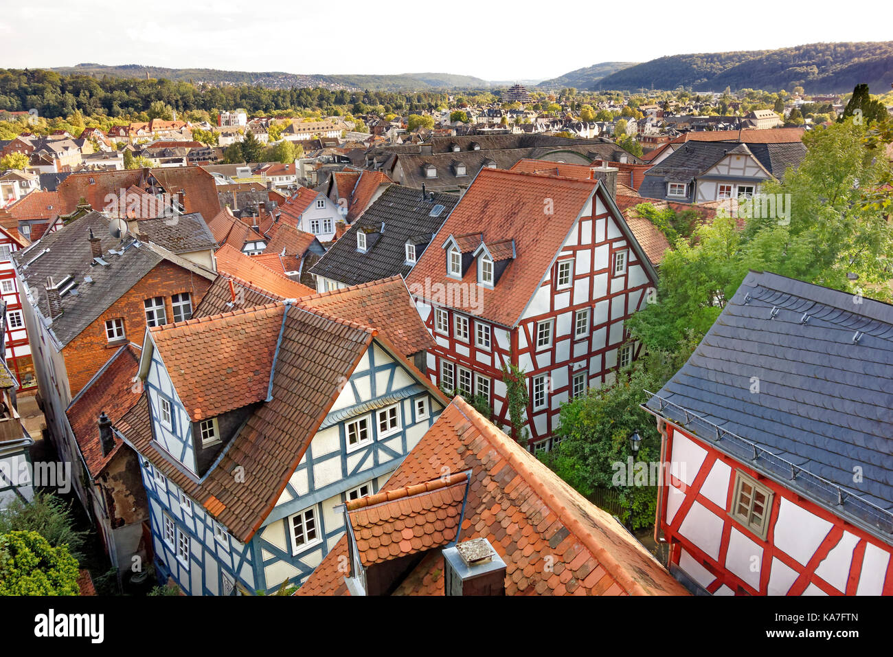 View over red roofs, halftimbered houses in the old town, Marburg an der Lahn, Hesse, Germany