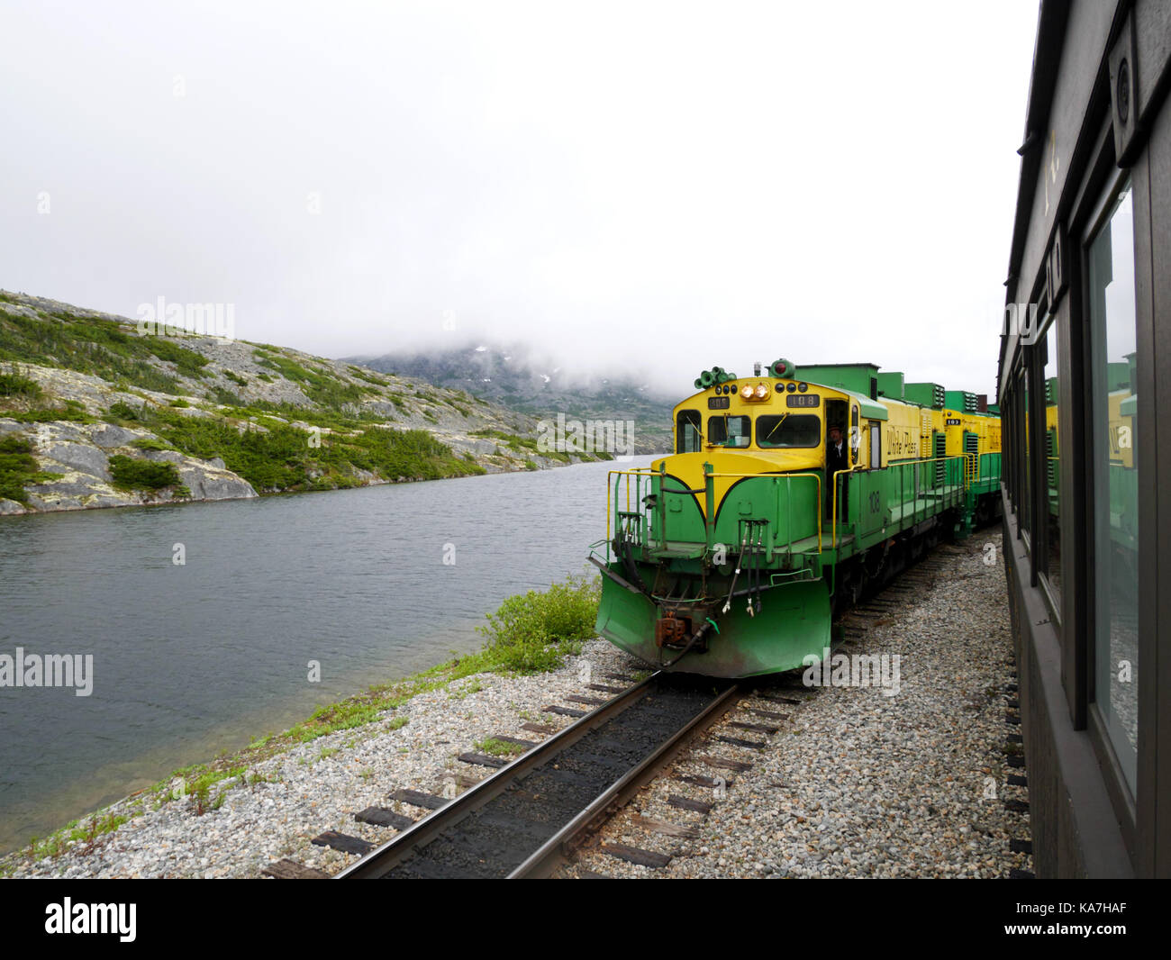 Alco diesel locomotive 108 at White Pass Summit on the White Pass & Yukon Railroad, Skagway, Alaska, USA. Stock Photo