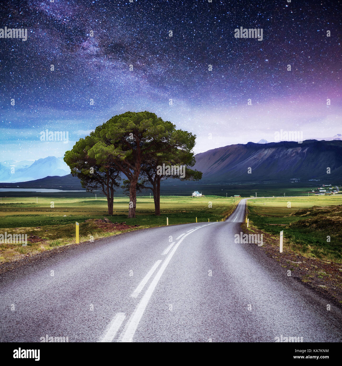 Asphalt road and lonely tree under a starry night sky and the Milky Way ...