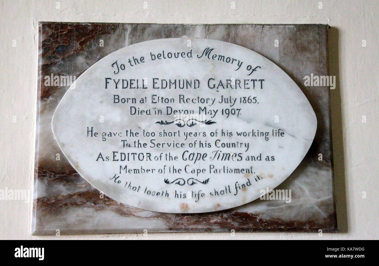Memorial plaque at All Saints Parish Church in Elton to Fydell Edmund