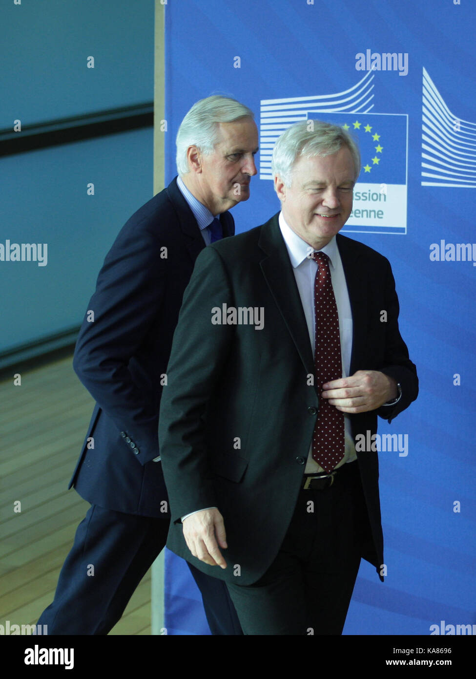 Brussels, Belgium. 25th Sep, 2017. EU Ministers of Foreign and European Affairs meet in to discuss in an EU 27 format the state of play of Brexit negotiations and the annotated draft agenda for October's European Council (Art.50).Michel Barnier European Chief Negotiator for Brexit and Davis davis Secretary of State for Exiting the EU Credit: Leo Cavallo/Alamy Live News Stock Photo