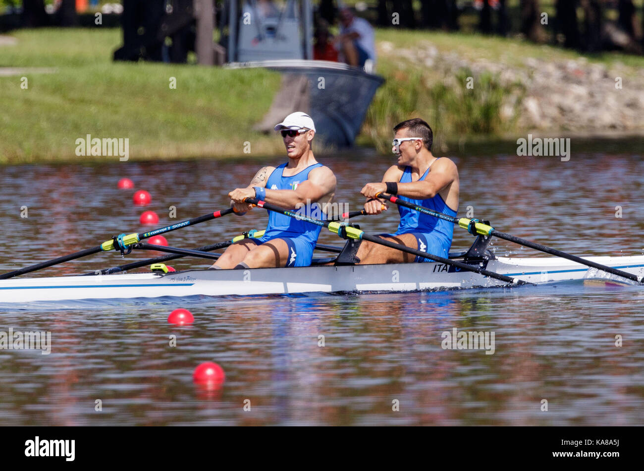 Sarasota-Bradenton, Florida, USA. 25th Sep, 2017. Filippo Mondelli and Luca Rambaldi of team Italy during (M2x) Men's Double Sculls - Heat in the World Rowing Championships being held at Nathan Benderson Park in Sarasota-Bradenton, Florida. Del Mecum/CSM/Alamy Live News Stock Photo