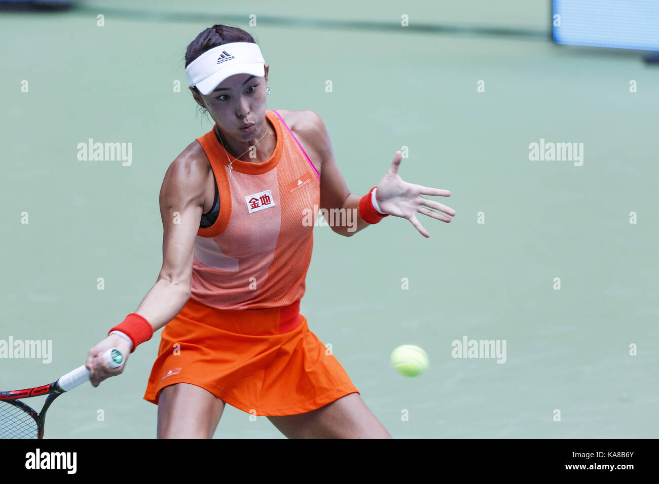 Wuhan, China. 25th Sep, 2017.  (EDITORIAL USE ONLY. CHINA OUT).Chinese tennis player Wang Qiang defeats American tennis player Sloane Stephens 2-0 at the WTA Wuhan Open in Wuhan, central China's Hubei Province, September 25th, 2017. Credit: SIPA Asia/ZUMA Wire/Alamy Live News Stock Photo