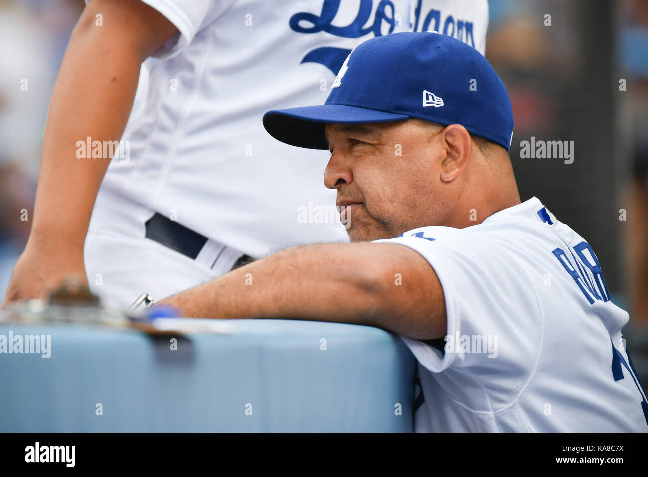 Manager Dave Roberts of the Los Angeles Dodgers greets his daughter News  Photo - Getty Images
