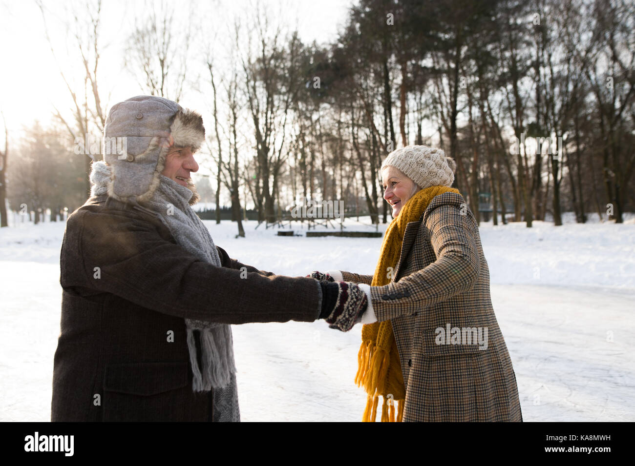 Senior couple in sunny winter nature ice skating Stock Photo Alamy