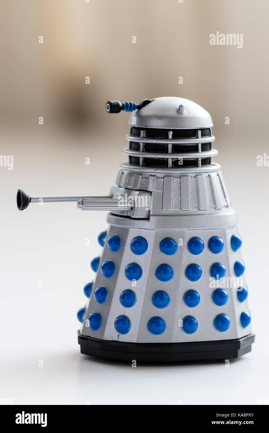 England. Die cast metal Dalek figure from the TV show Dr Who. Grey dalek. Side view. Stock Photo