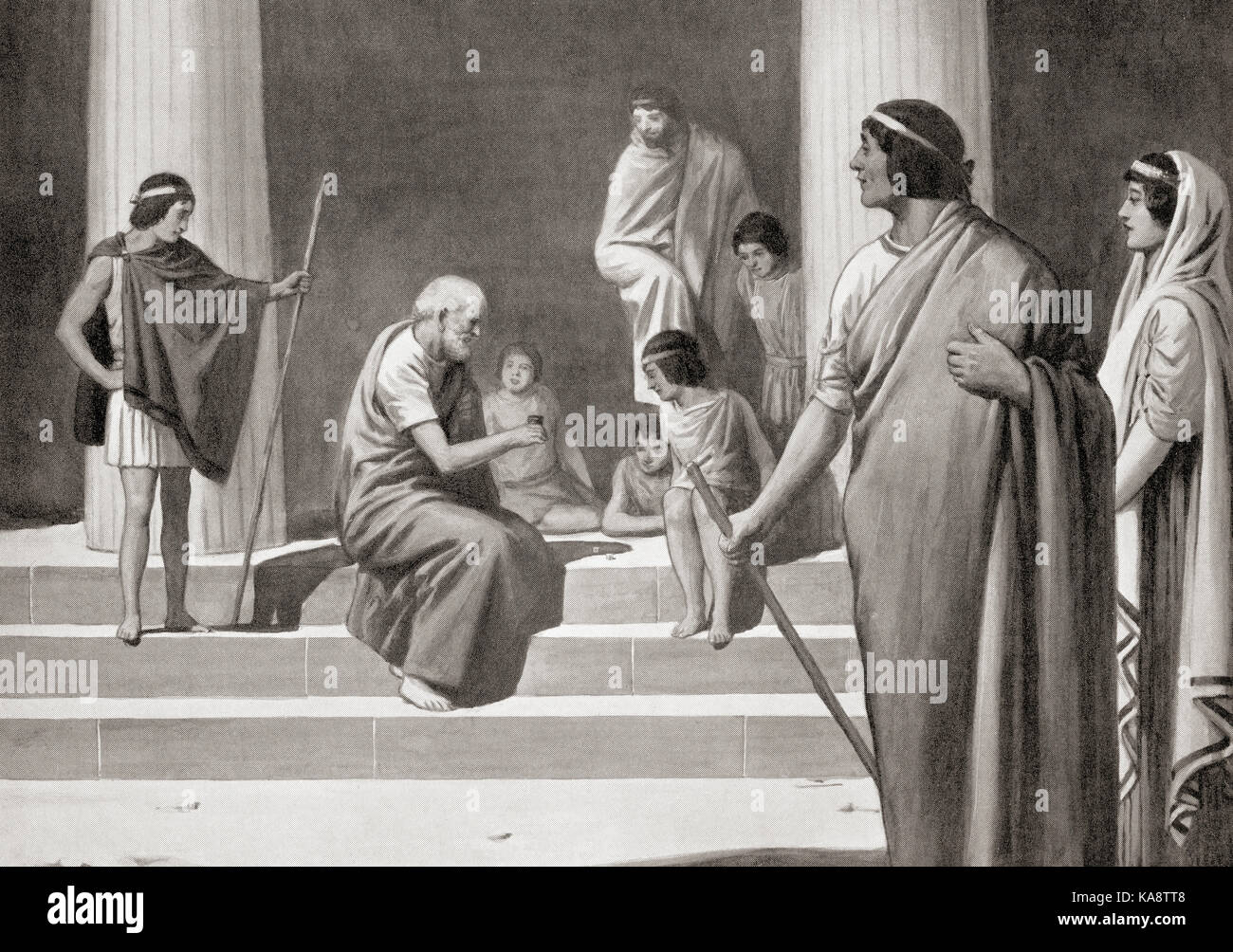 Heraclitus playing at dice with boys in order to show his contempt for the usual occupations of men.  Heraclitus of Ephesus, c. 535 – c. 475 BC.  Pre-Socratic Greek philosopher.  From Hutchinson's History of the Nations, published 1915. Stock Photo