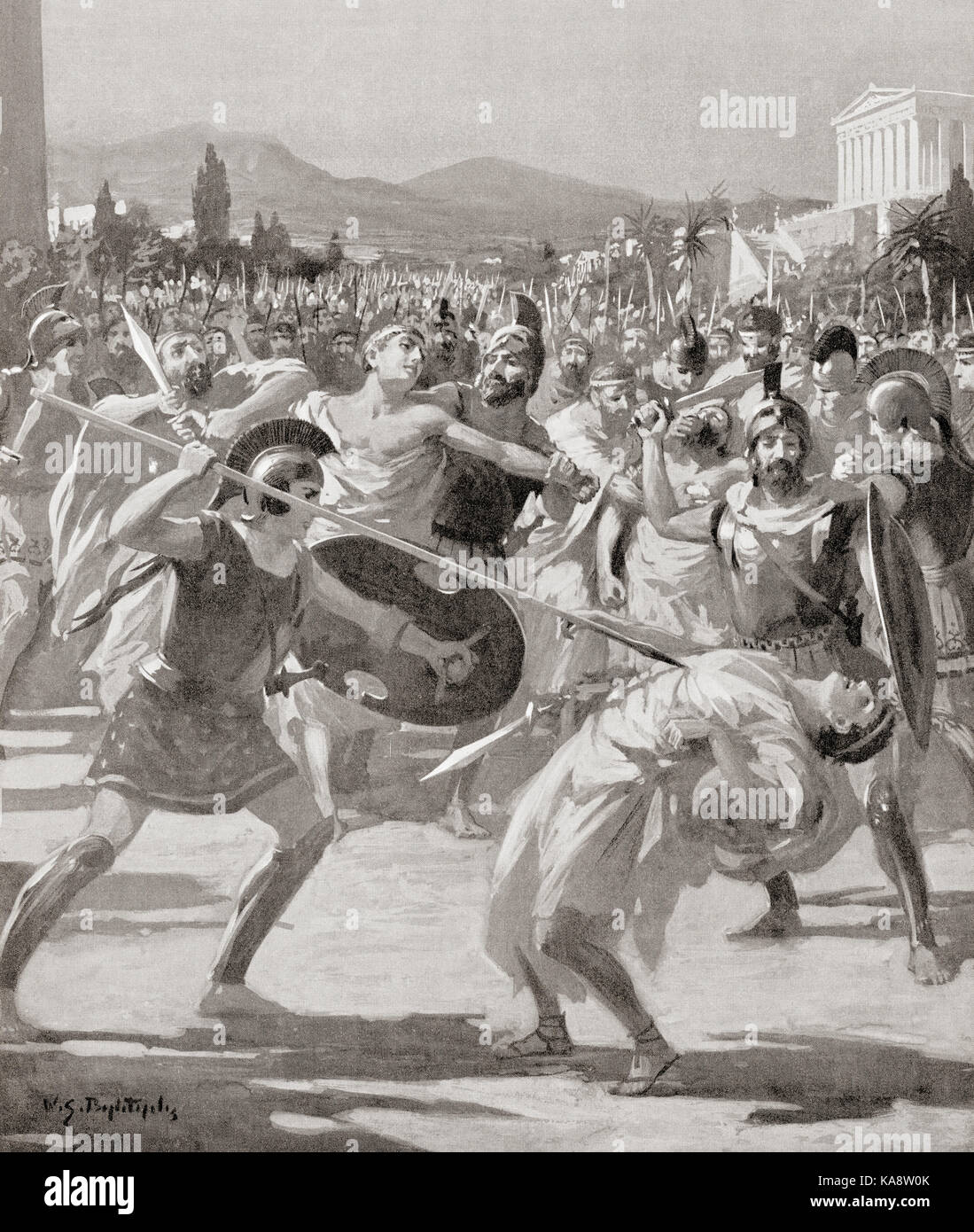 The assassination of Hipparchus or Hipparch by the tyrannicides, Harmodius and Aristogeiton in 514 BC.  Hipparchus, died 514 BC, a member of the ruling class of Athens. He was one of the sons of Peisistratos and a tyrant of the city of Athens from 528/7 BC until his assassination.  After the painting by W.S. Bagdatopoulus, (1888-1965).  From Hutchinson's History of the Nations, published 1915. Stock Photo