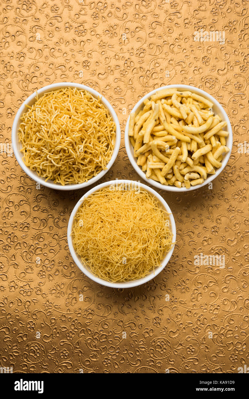 stock photo of Sev Namkeen Food Collection Aloo Sev also know as namkin and nimco a popular crisp savory snack made from mashed potatoes, chickpea flo Stock Photo