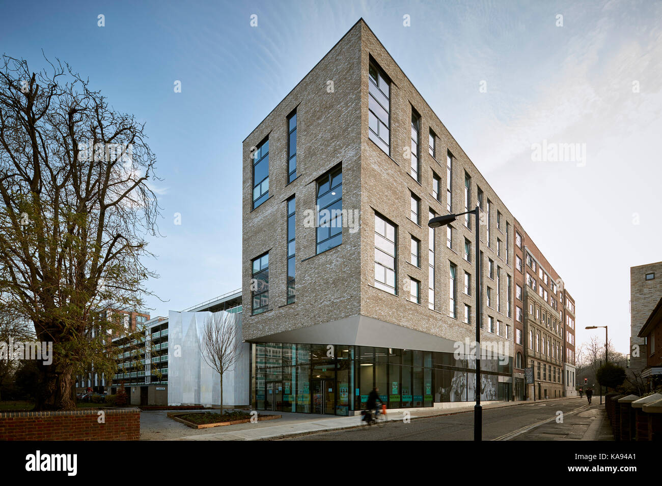 Angled view from street. Southwark Town Hall + Theatre Peckham, London