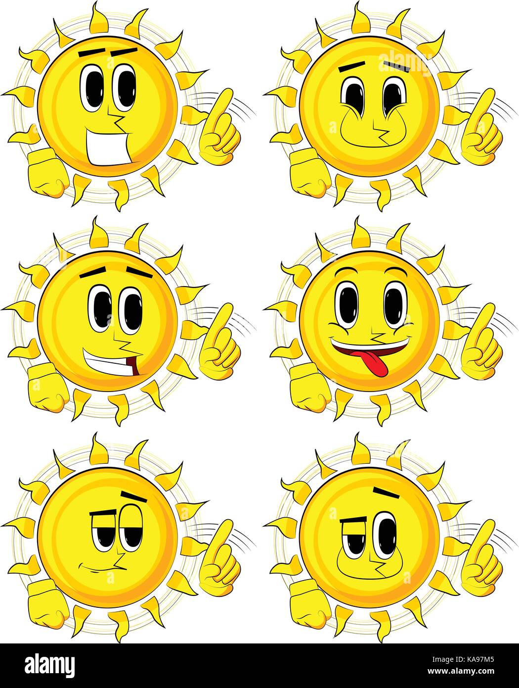 Cartoon sun saying no with his finger. Collection with happy faces. Expressions vector set. Stock Vector