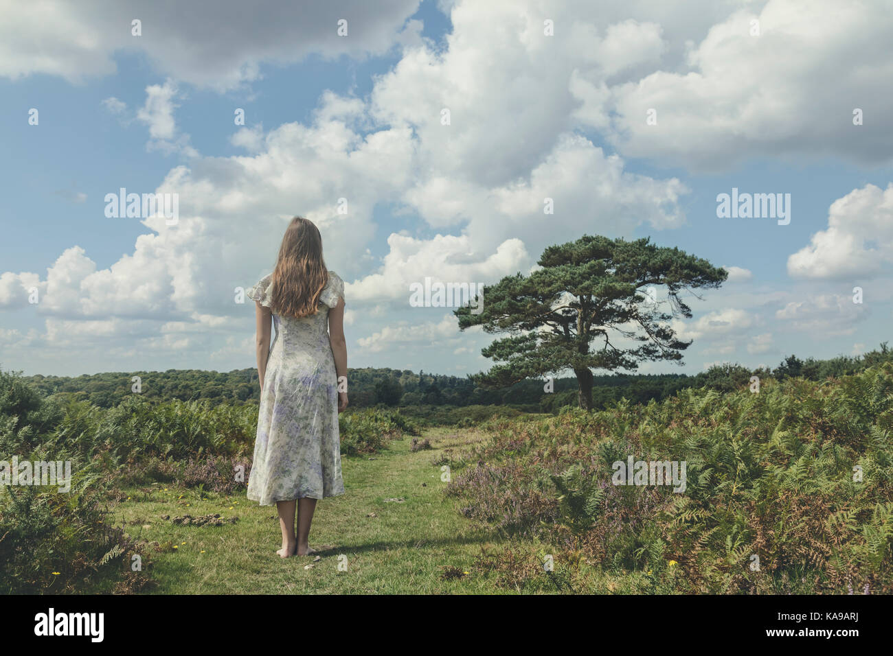 a girl in a floral dress is staning on a field with bracken Stock Photo