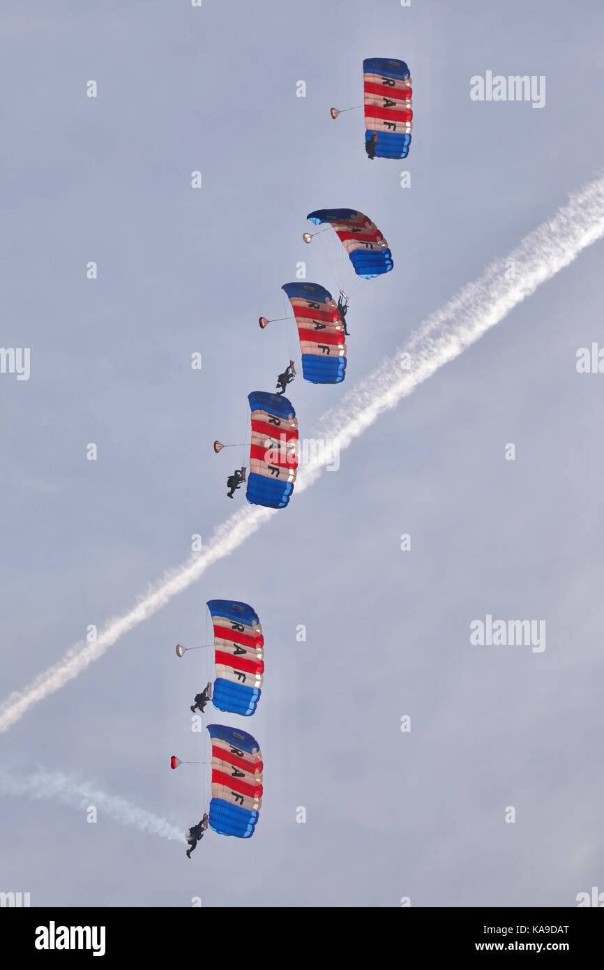 The RAF Falcons Parachute Display Team performing at Duxford Battle of Britain Air Show 2017 Stock Photo