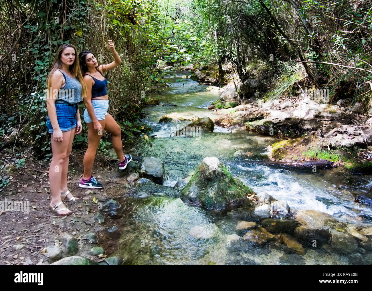 Two beautiful women in nature on the bank of a mountain river Stock ...