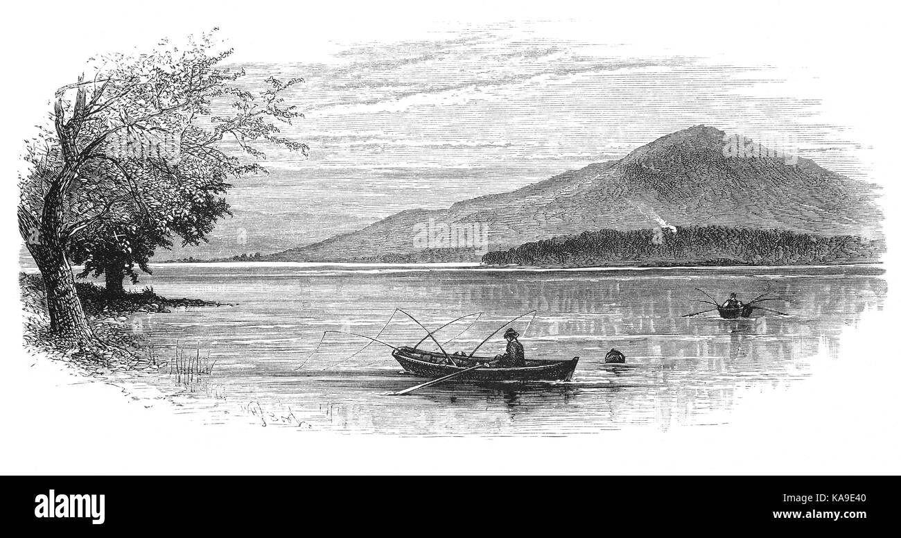 1870: Anglers on Lake Windermere in the Lake District from Newby Bridge, Cumbria, England Stock Photo