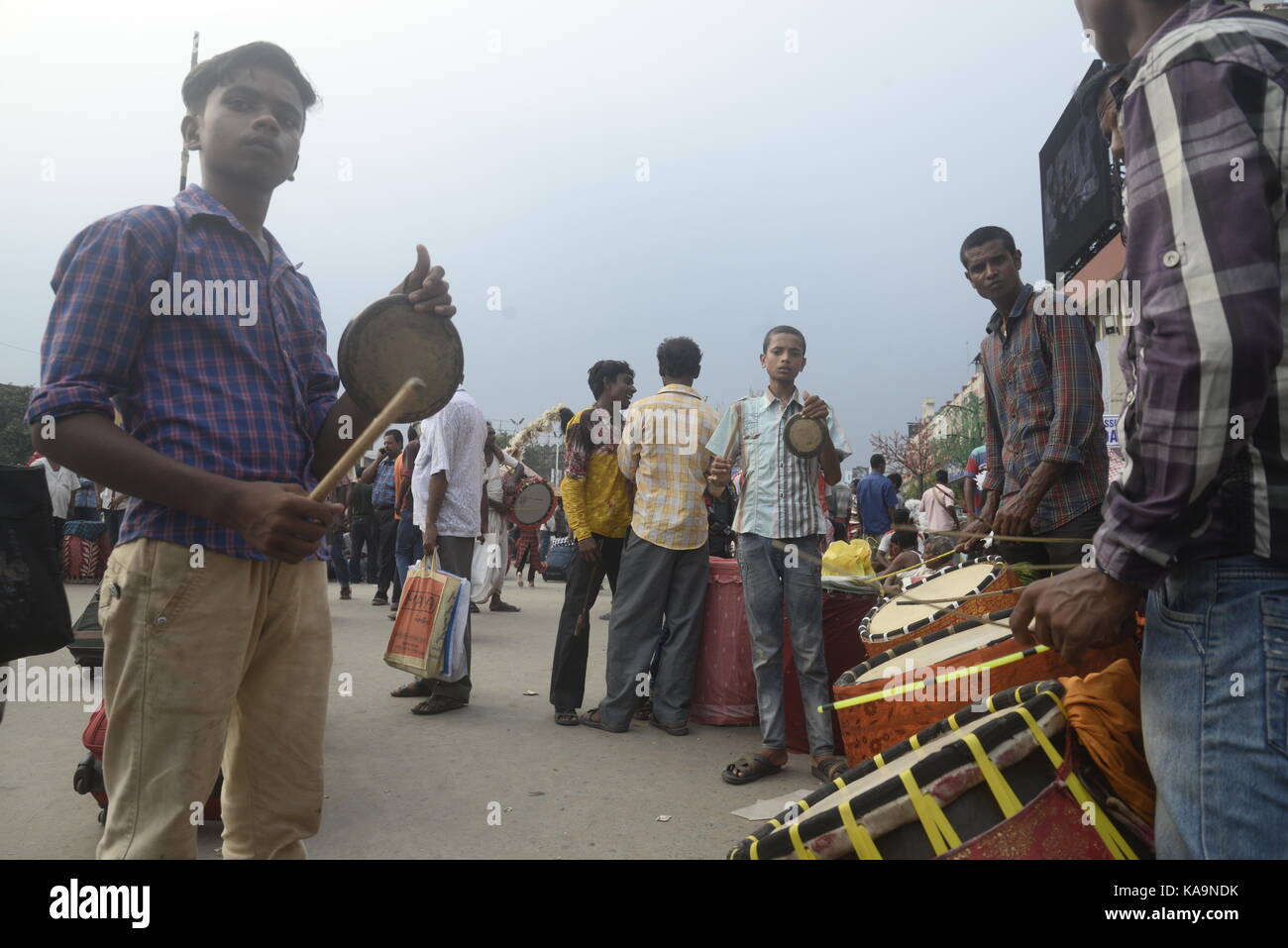 Dhaki or traditional Bengali drummer gathers and shows their skill in