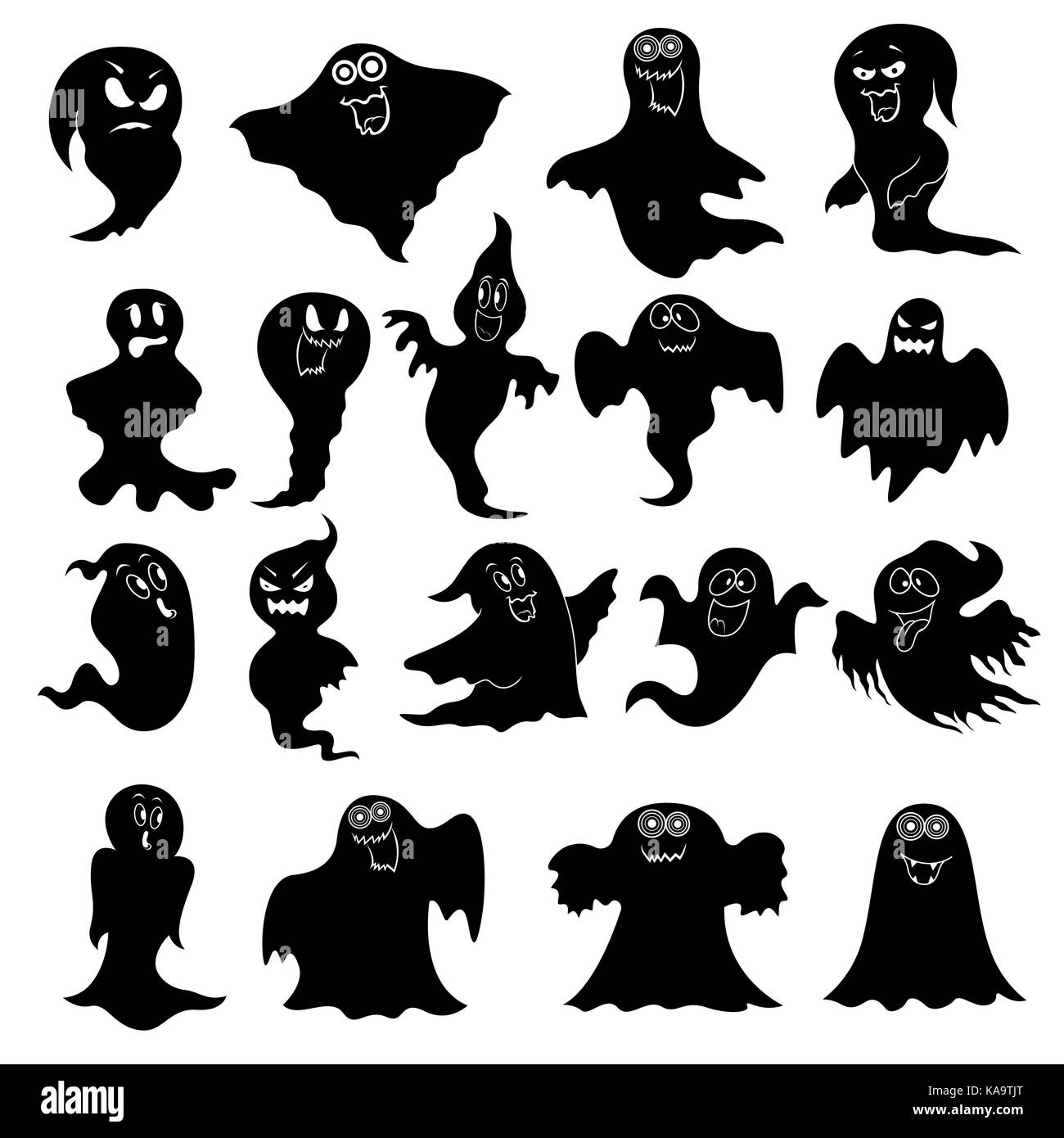 Collection of eighteen amusing flying black ghost stencils with various characters isolated on a white background, cartoon Halloween vector illustrati Stock Vector