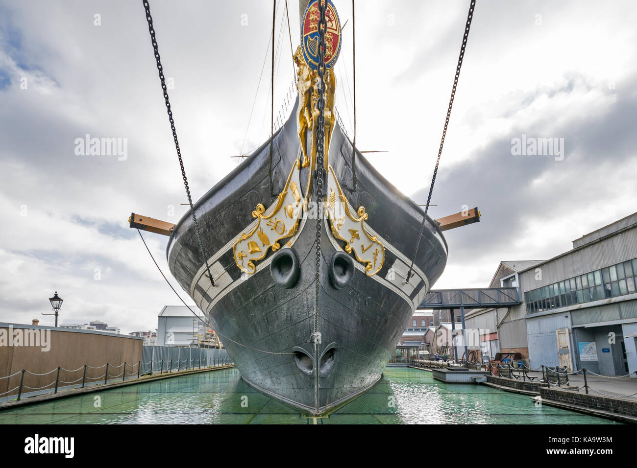 BRISTOL ENGLAND THE CITY CENTRE AND HARBOUR ON THE RIVER AVON AT HOTWELLS DOCKSIDE  THE WESTERN DOCKYARD THE PROW OF BRUNELS SS GREAT BRITAIN Stock Photo