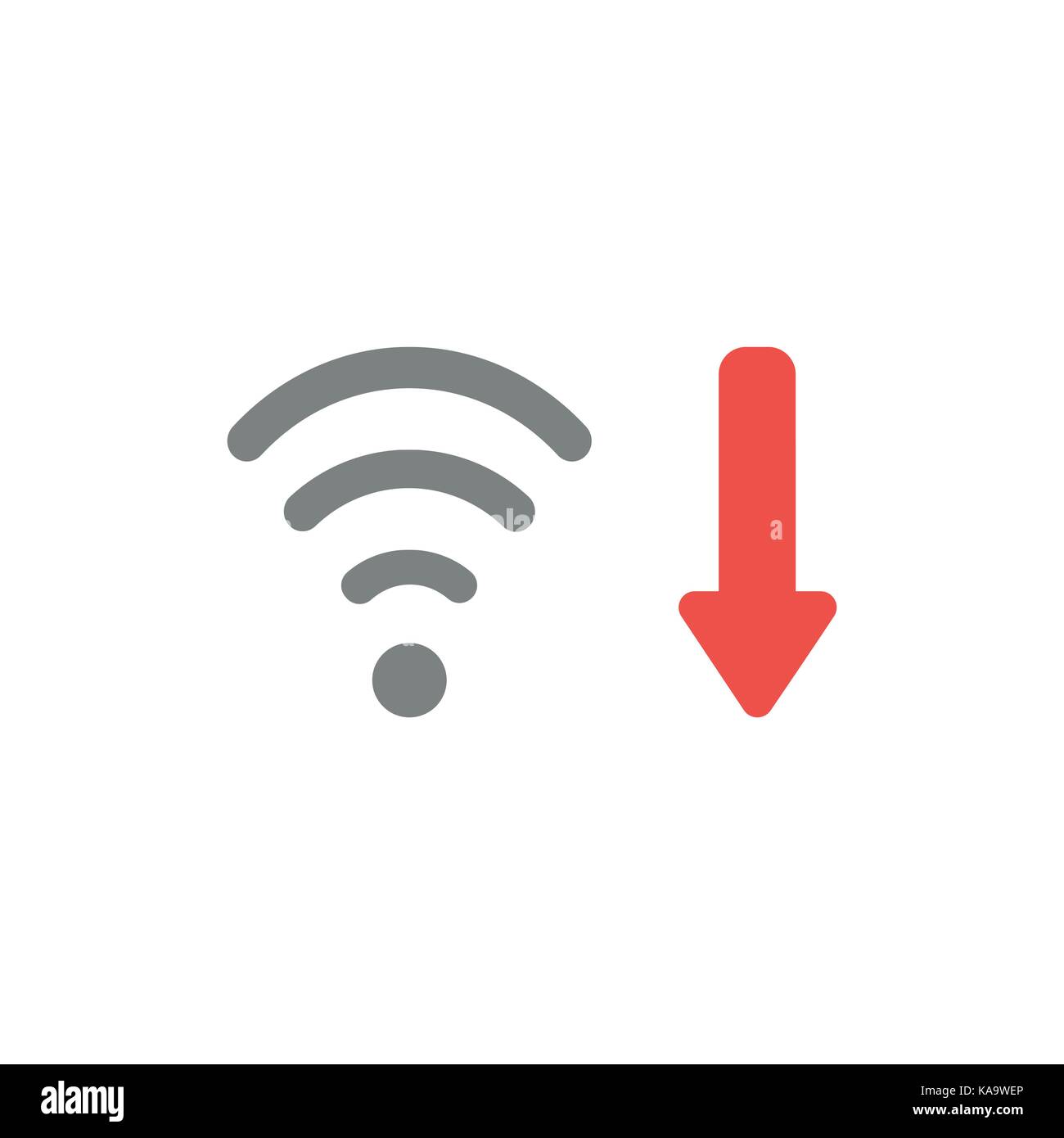 Flat design style vector illustration concept of grey wifi wireless symbol icon with red arrow moving or pointing down symbolizing bad, slow internet  Stock Vector