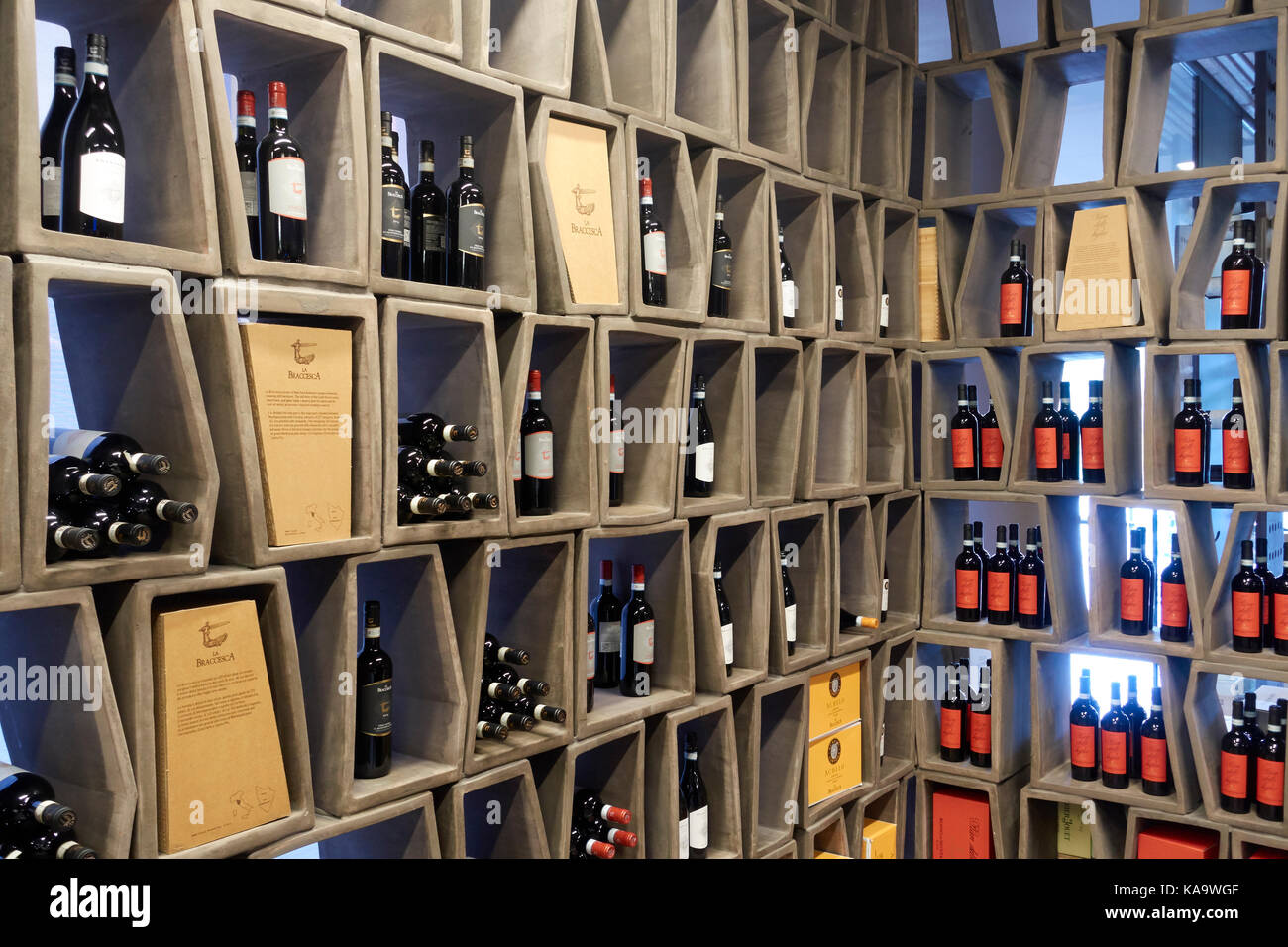 Antinori wine cellar factory in Bargino, San Casciano, Florence, Italy. Detail of the wine shop located inside the main building. Stock Photo