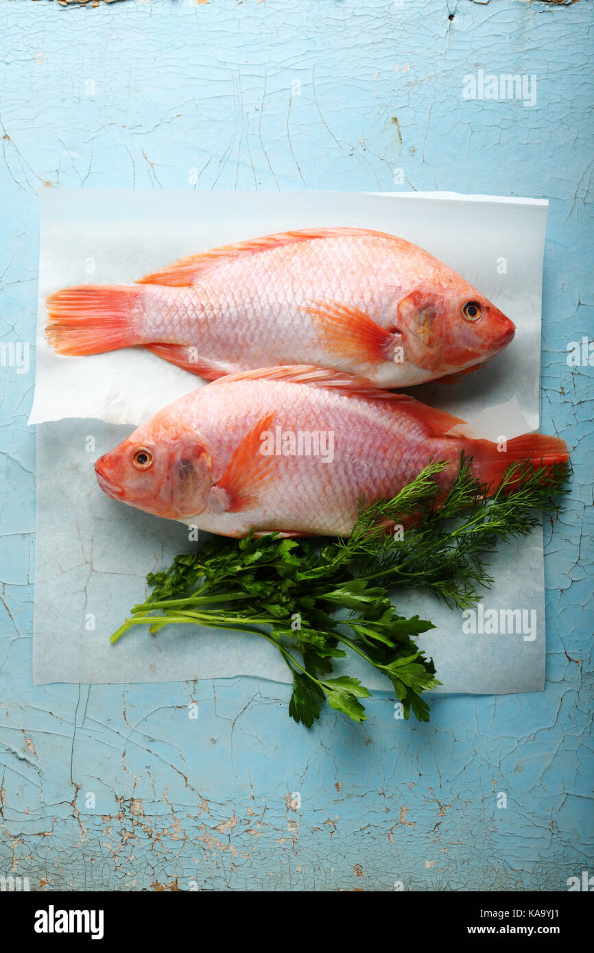 Two Raw Tilapia fish, food top view Stock Photo Alamy