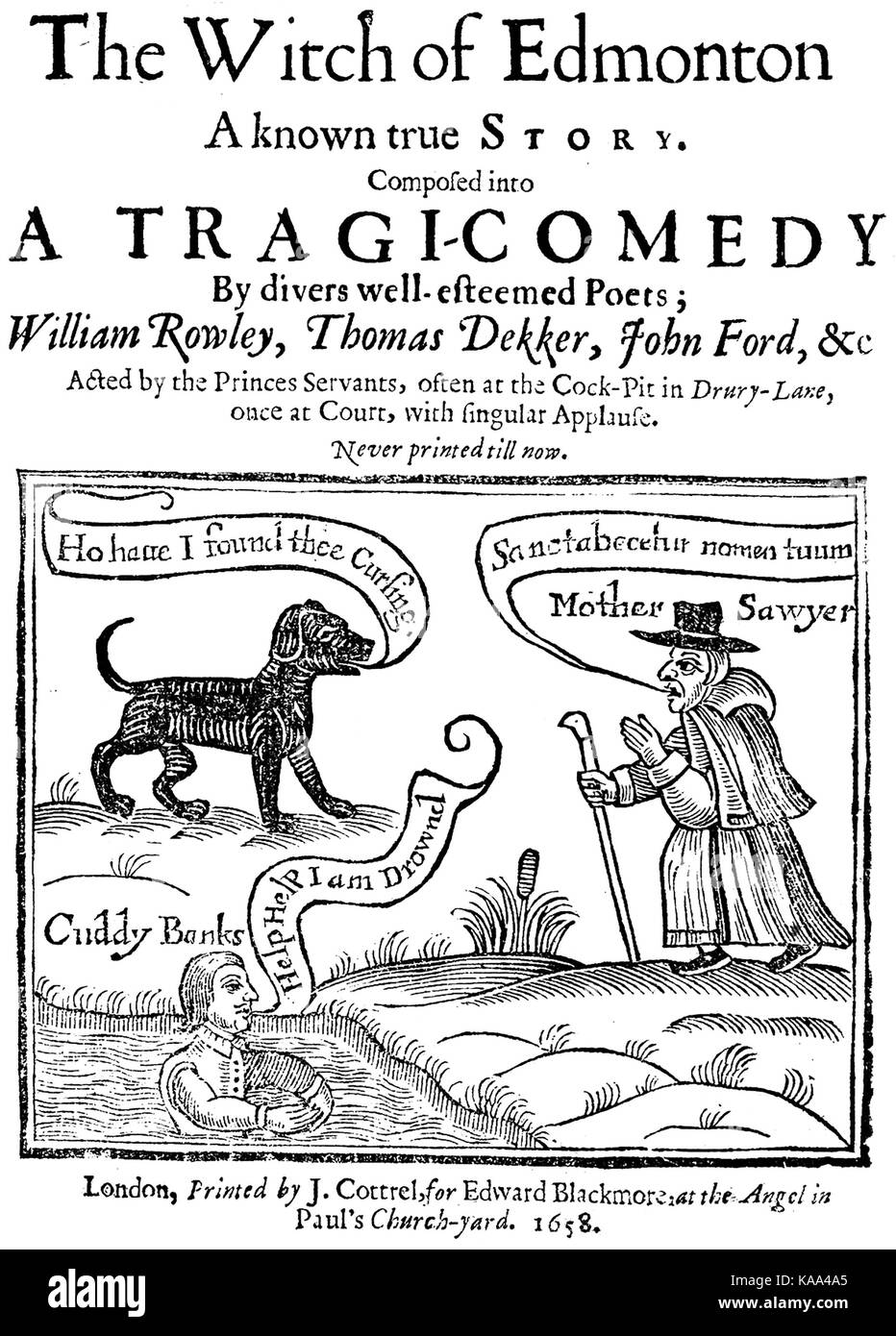 THE WITCH OF EDMONTON Title page of the 1658 printed edition of the 1621 play by William Rowley, Thomas Dekker and John Ford. Stock Photo