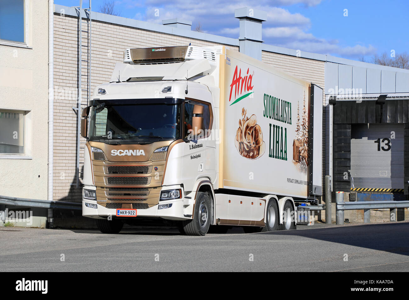 FORSSA, FINLAND - MAY 1, 2017: Stylish Next Generation Scania R500 of I Salomaa for transporting foodstuff at the loading zone of a warehouse. Stock Photo