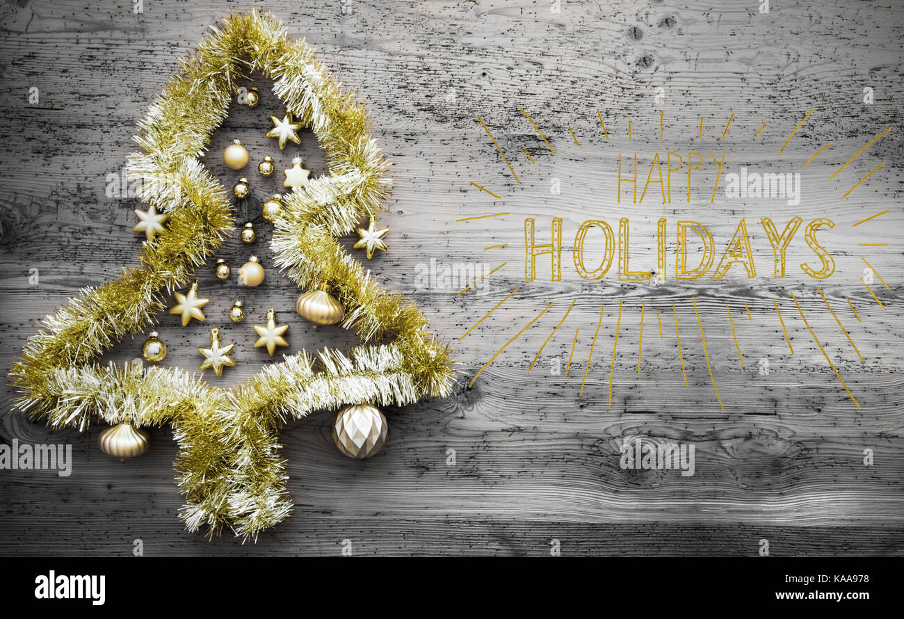 Golden Tinsel Christmas Tree, Calligraphy, Happy Holidays Stock Photo