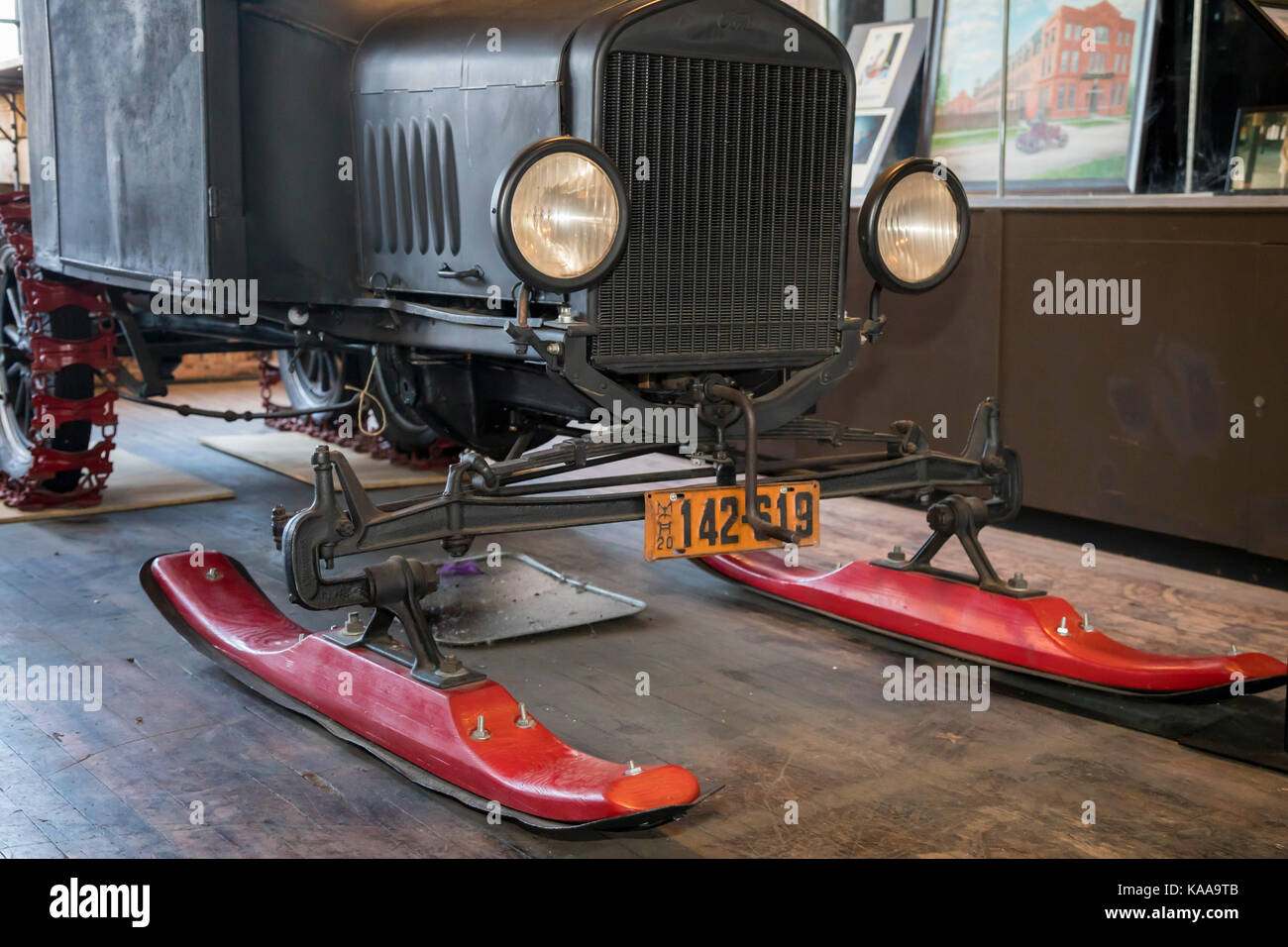 Detroit, Michigan - A 1925 Model T Snow Machine on display at the Ford Piquette Avenue Plant, where the first Ford Model T was built in 1908. A regula Stock Photo